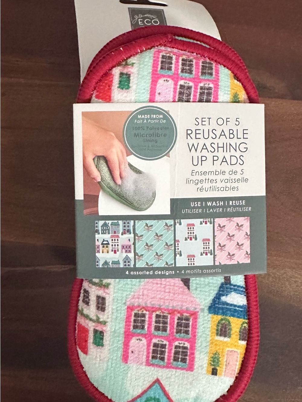 Eco-Friendly Reusable Washing Up Pads - Pink House Print (Set of 5)